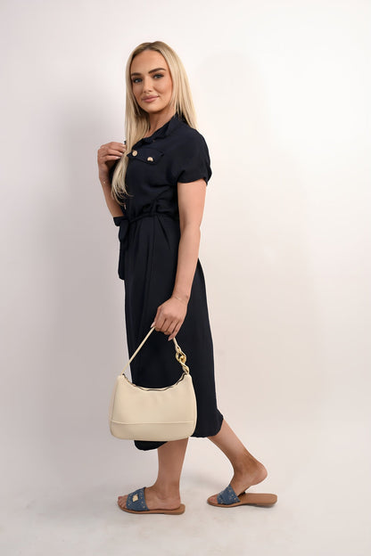Collared Button Down Short Sleeve Tie Waist Midi Dress
