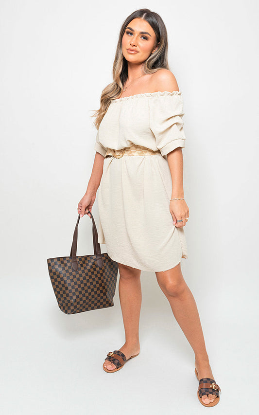 Casual Off Shoulder Belted Mini Dress comfortable women wear