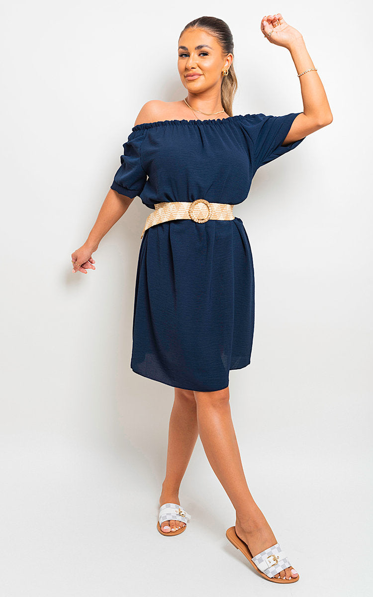 Casual Off Shoulder Belted Mini Dress comfortable women wear