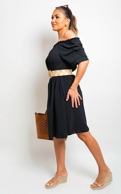 Casual Off Shoulder Belted Mini Dress comfortable women wear