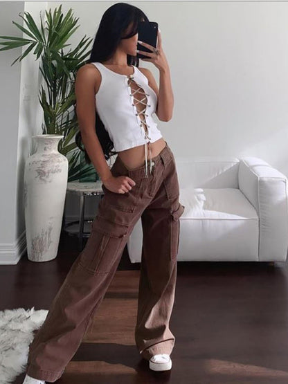Women’s Panneled Trendy Low Waisted Cargo Pants With Pockets