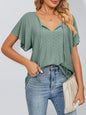 Women's Solid Color Flutter-sleeve Tie-neck Top