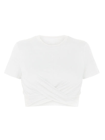 Women's Knitted Short Slim Fit T-Shirt with Navel and Knot