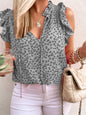 Women's Leopard Print Tie Neck Flutter Sleeve Blouse