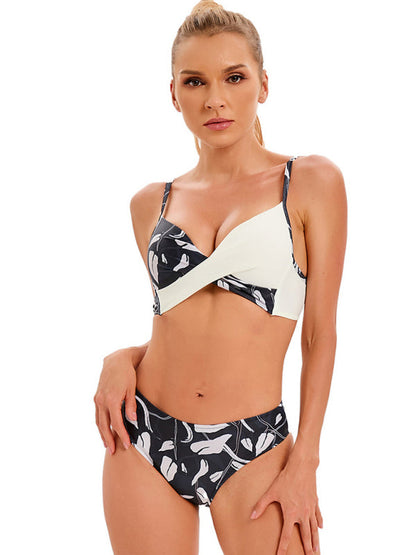 Women's Media Solid Color With Floral Print Split Bikini Top And Matching Buttom Swimming Set