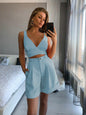 Women's Solid Color Crop Tank Top With Matching Button Shorts