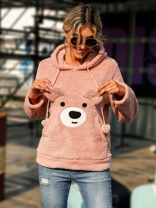 Casual cute hooded long-sleeved pullover loose double-sided velvet bear pattern sweatshirt