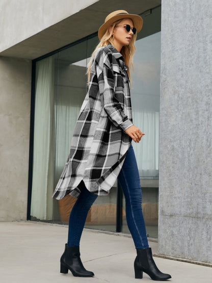 Women's Leopard Plaid Print Plush Stitching Contrast Color Warm Long Sleeve Jacket