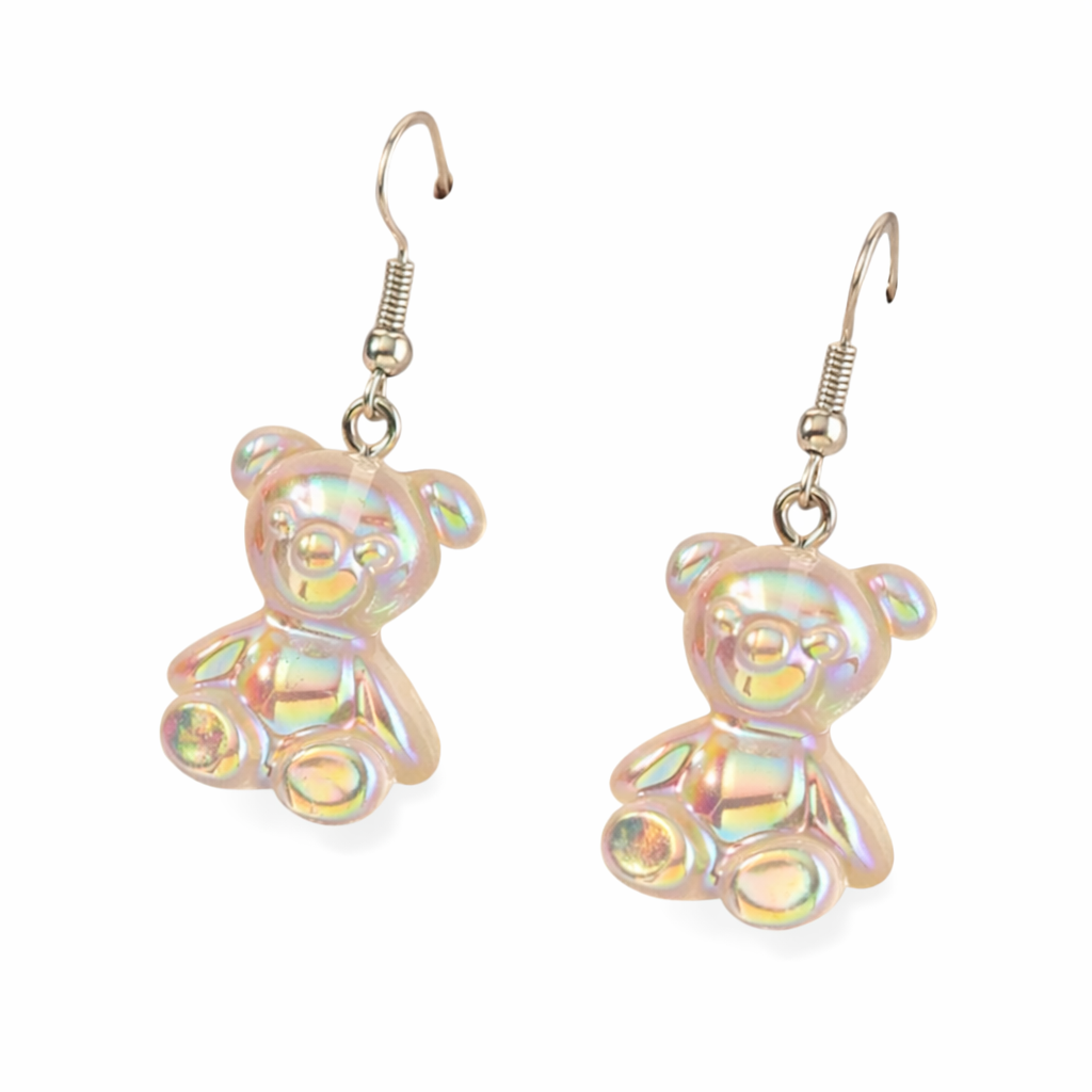 Iridescent Bear Drop Earrings – Holographic Festival Rave Jewellery