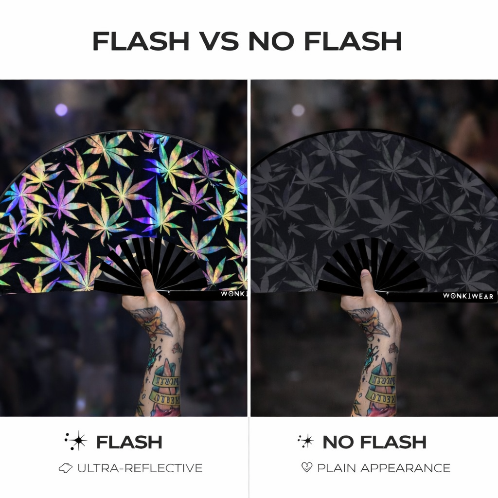 XL Festival Fan – Flash Reflective Iridescent Leaf Rave Fan