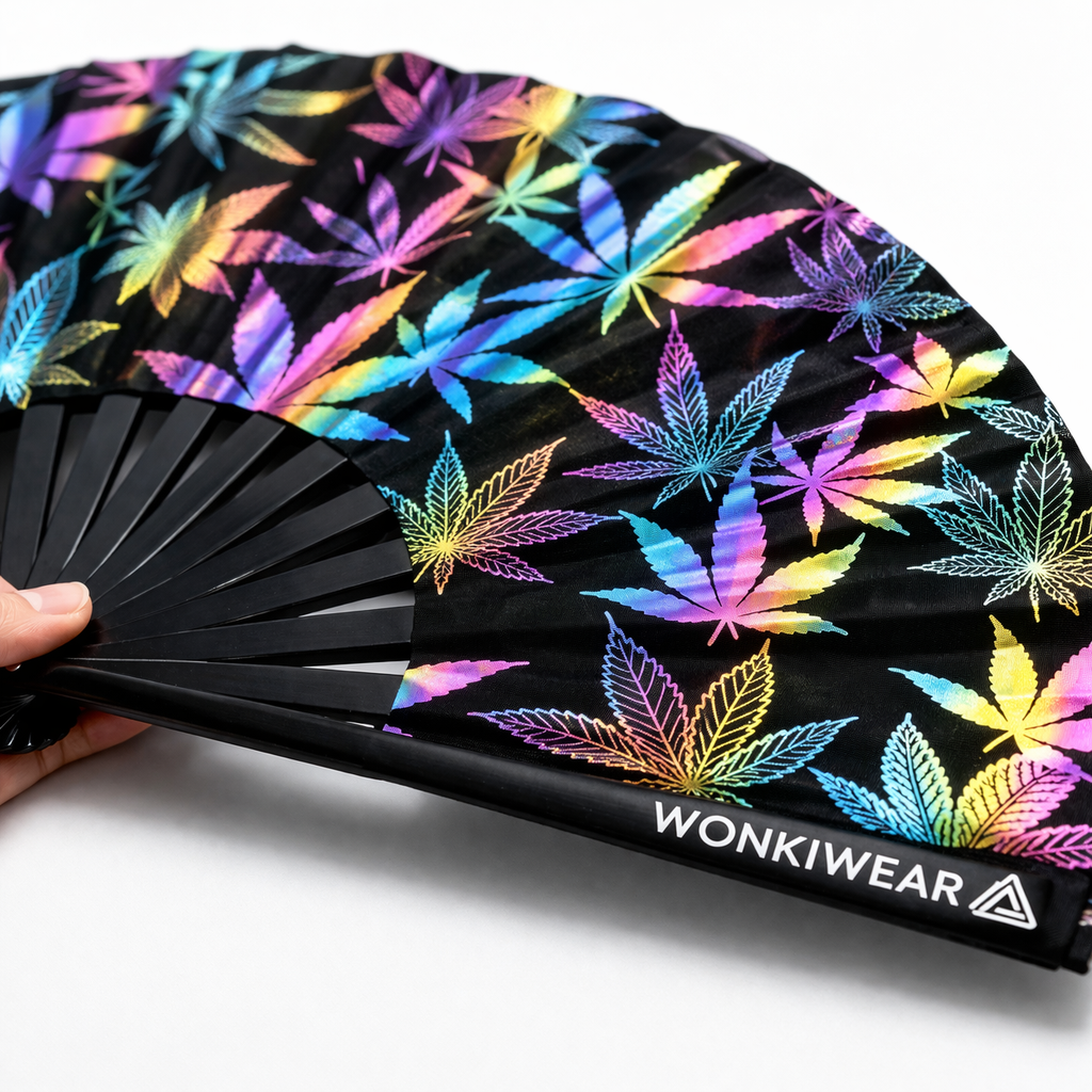 XL Festival Fan – Flash Reflective Iridescent Leaf Rave Fan
