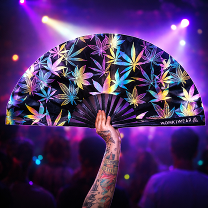 XL Festival Fan – Flash Reflective Iridescent Leaf Rave Fan