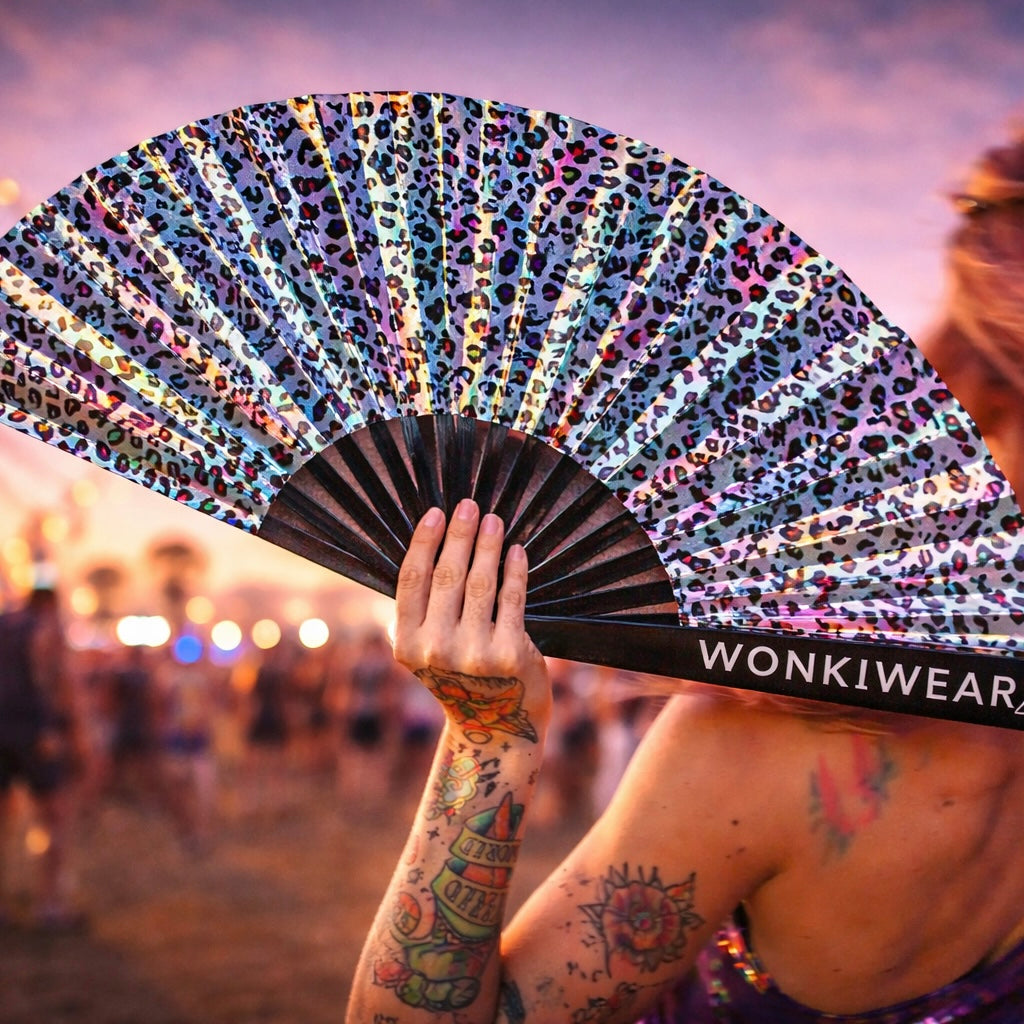 Iridescent Rainbow Leopard Festival Fan – XL (Silver Reverse)
