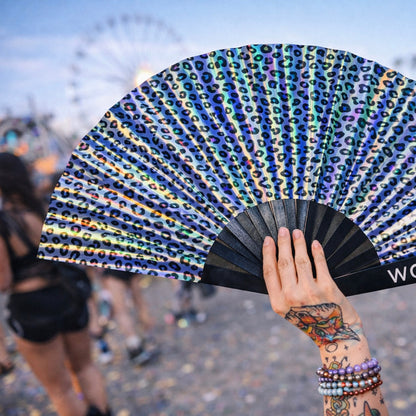 Iridescent Rainbow Leopard Festival Fan – XL (Silver Reverse)