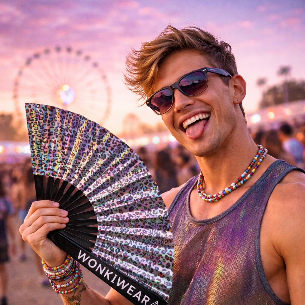 Iridescent Rainbow Leopard Festival Fan – XL (Silver Reverse)