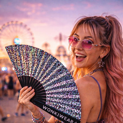 Iridescent Rainbow Leopard Festival Fan – XL (Silver Reverse)