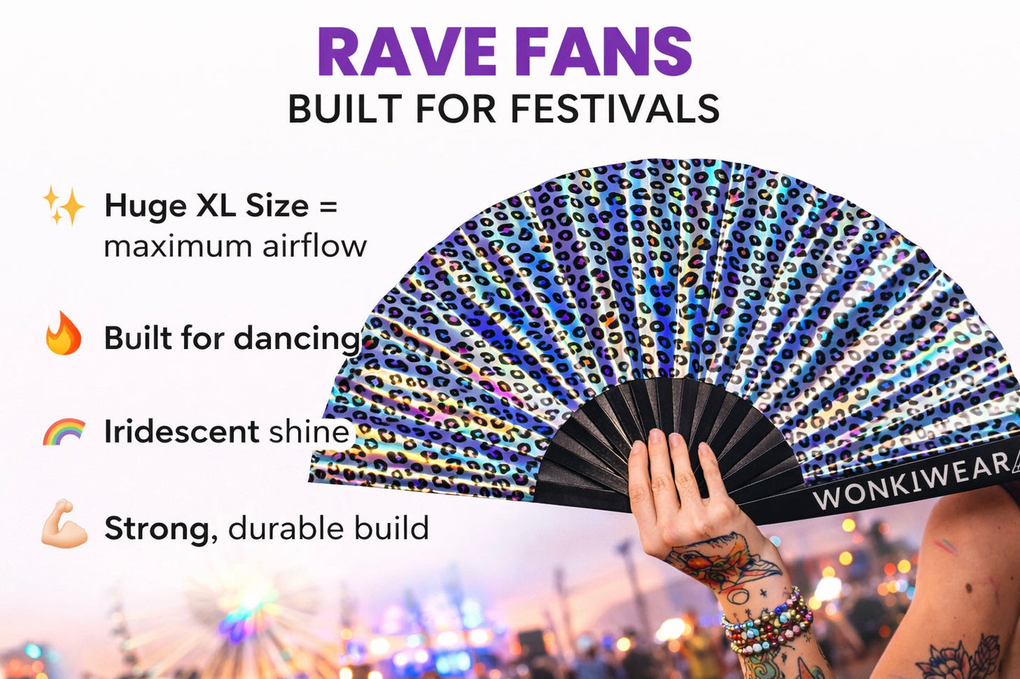 Iridescent Rainbow Leopard Festival Fan – XL (Silver Reverse)