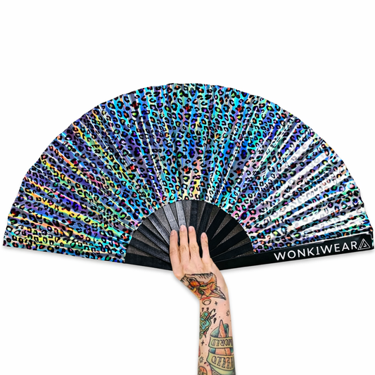 Iridescent Rainbow Leopard Festival Fan – XL (Silver Reverse)