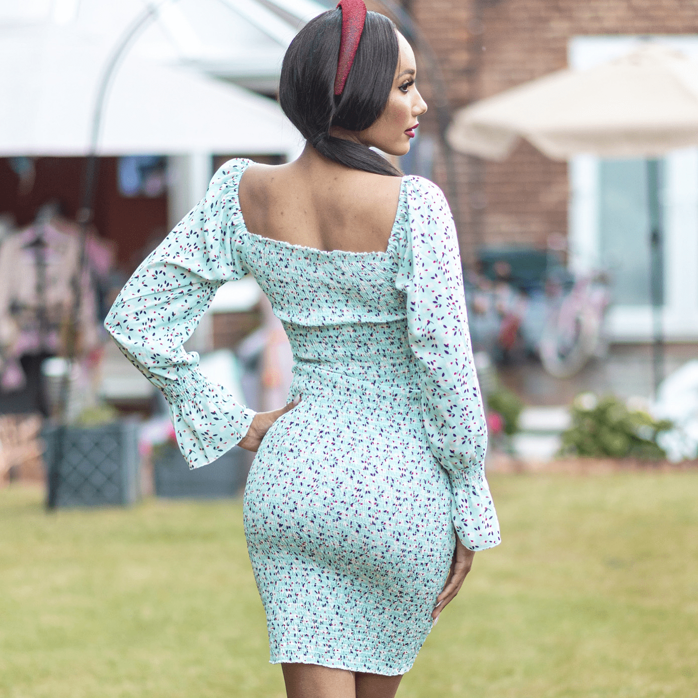BRANDY Blue Stretchy Floral Smoked  Midi Dress