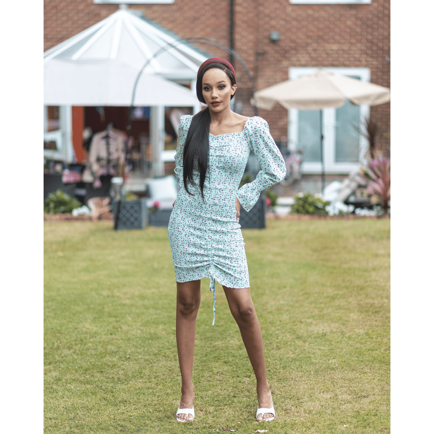BRANDY Blue Stretchy Floral Smoked  Midi Dress