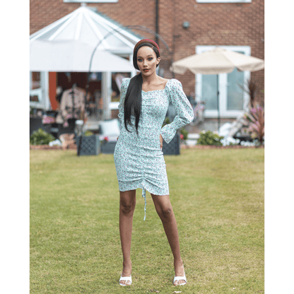 BRANDY Blue Stretchy Floral Smoked  Midi Dress