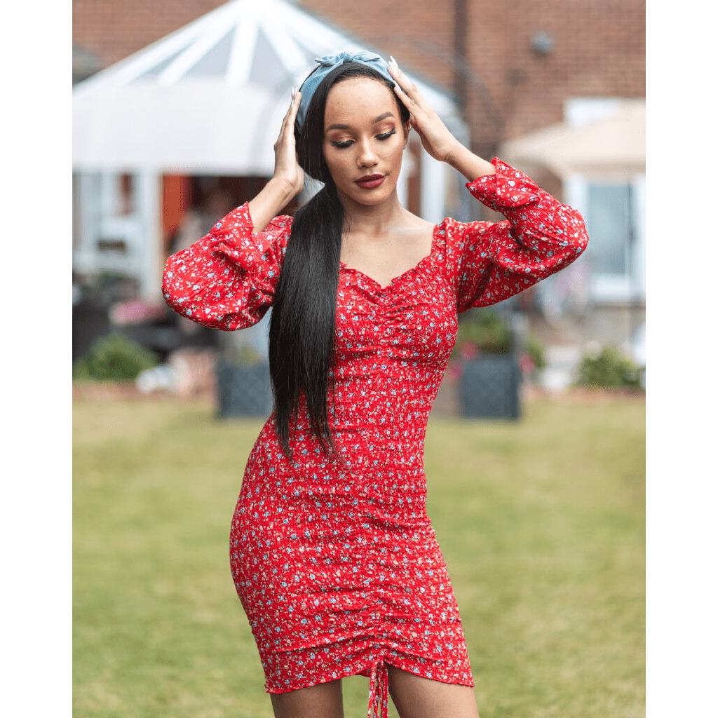 BRANDY Red Stretchy Floral Smoked Midi Dress