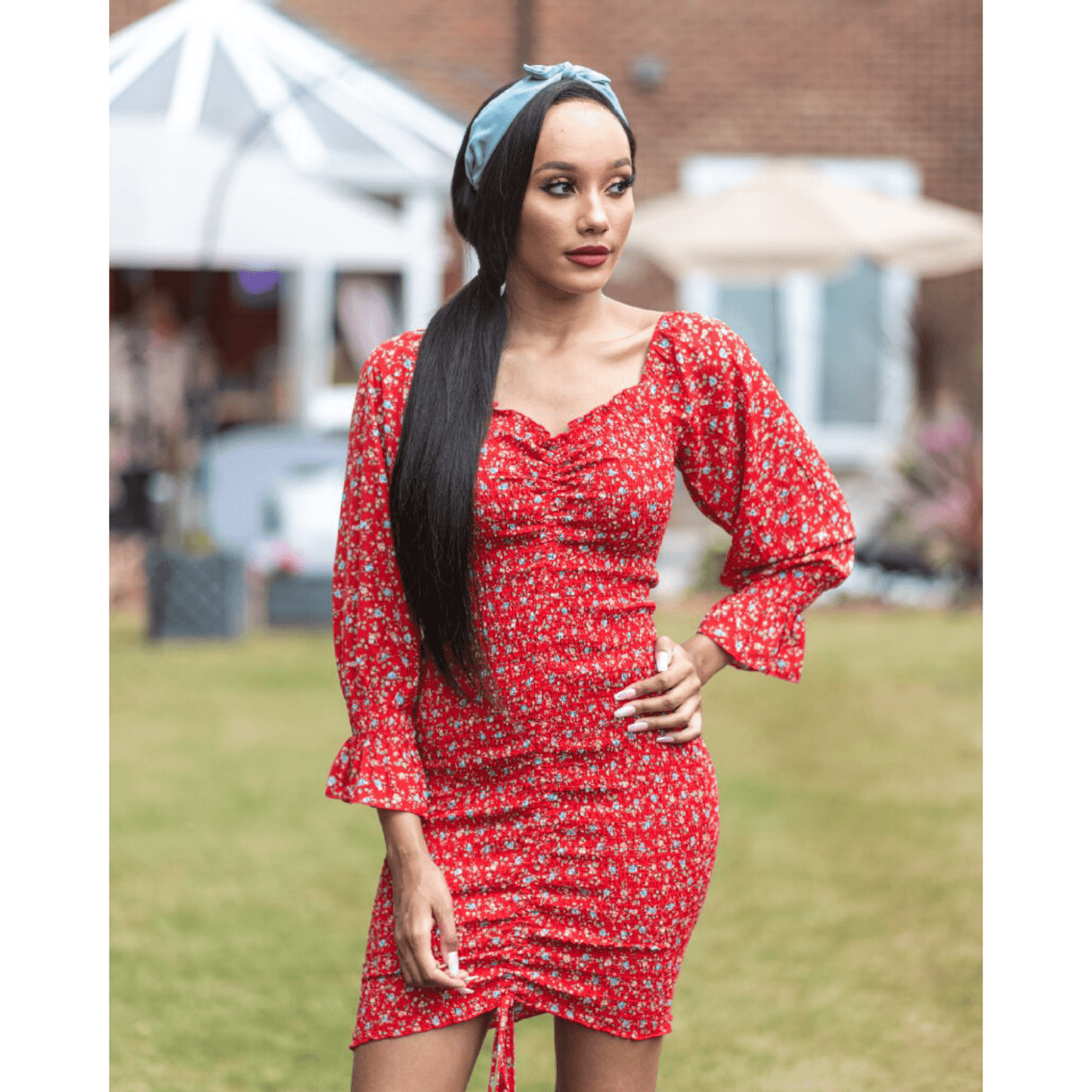 BRANDY Red Stretchy Floral Smoked Midi Dress