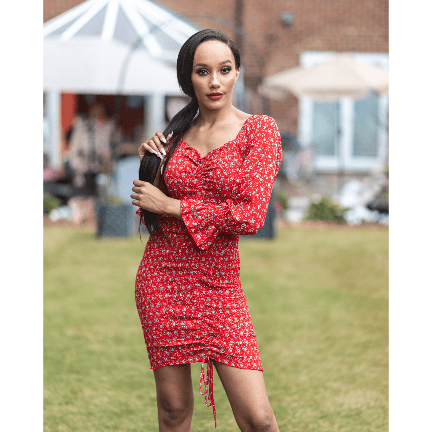 BRANDY Red Stretchy Floral Smoked Midi Dress