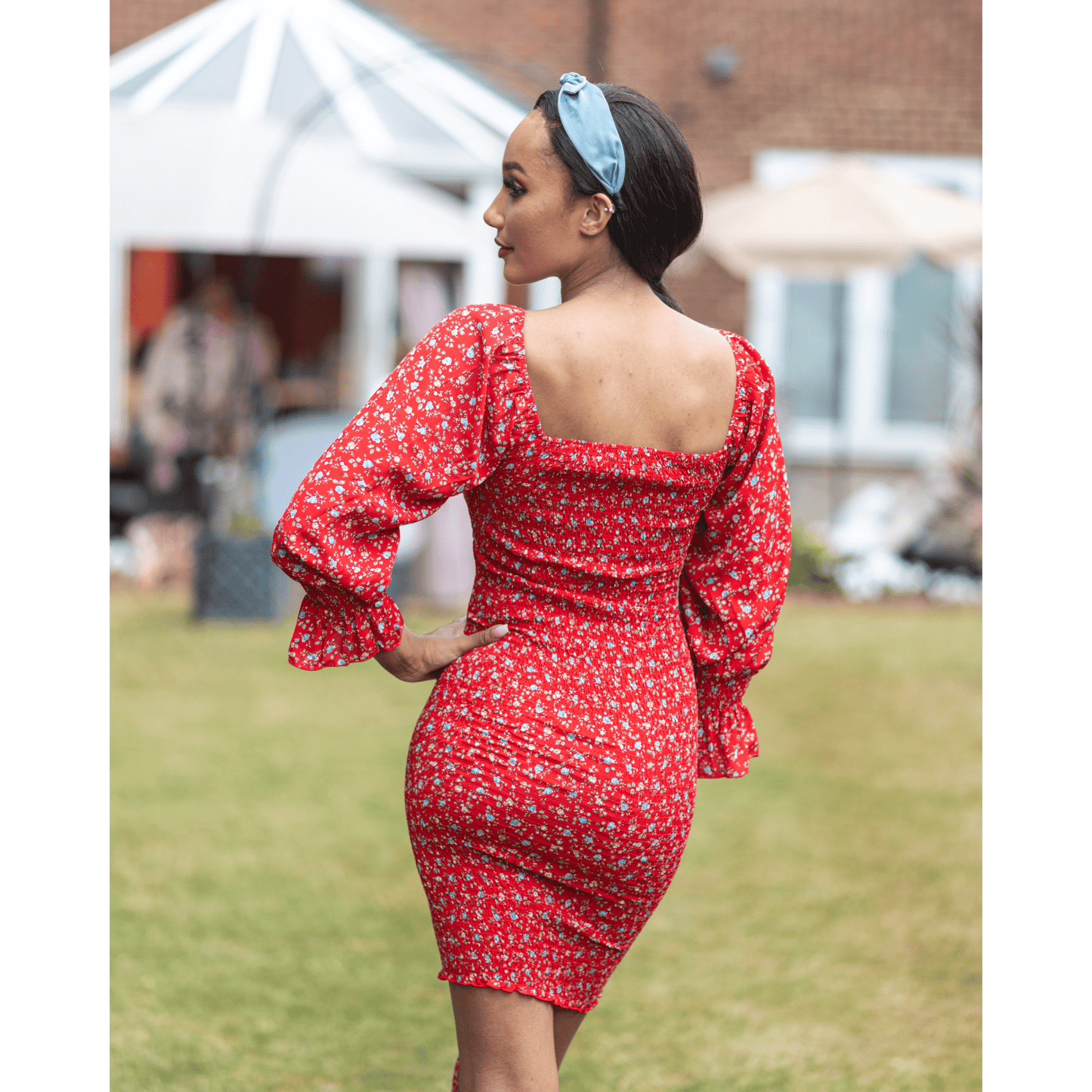 BRANDY Red Stretchy Floral Smoked Midi Dress