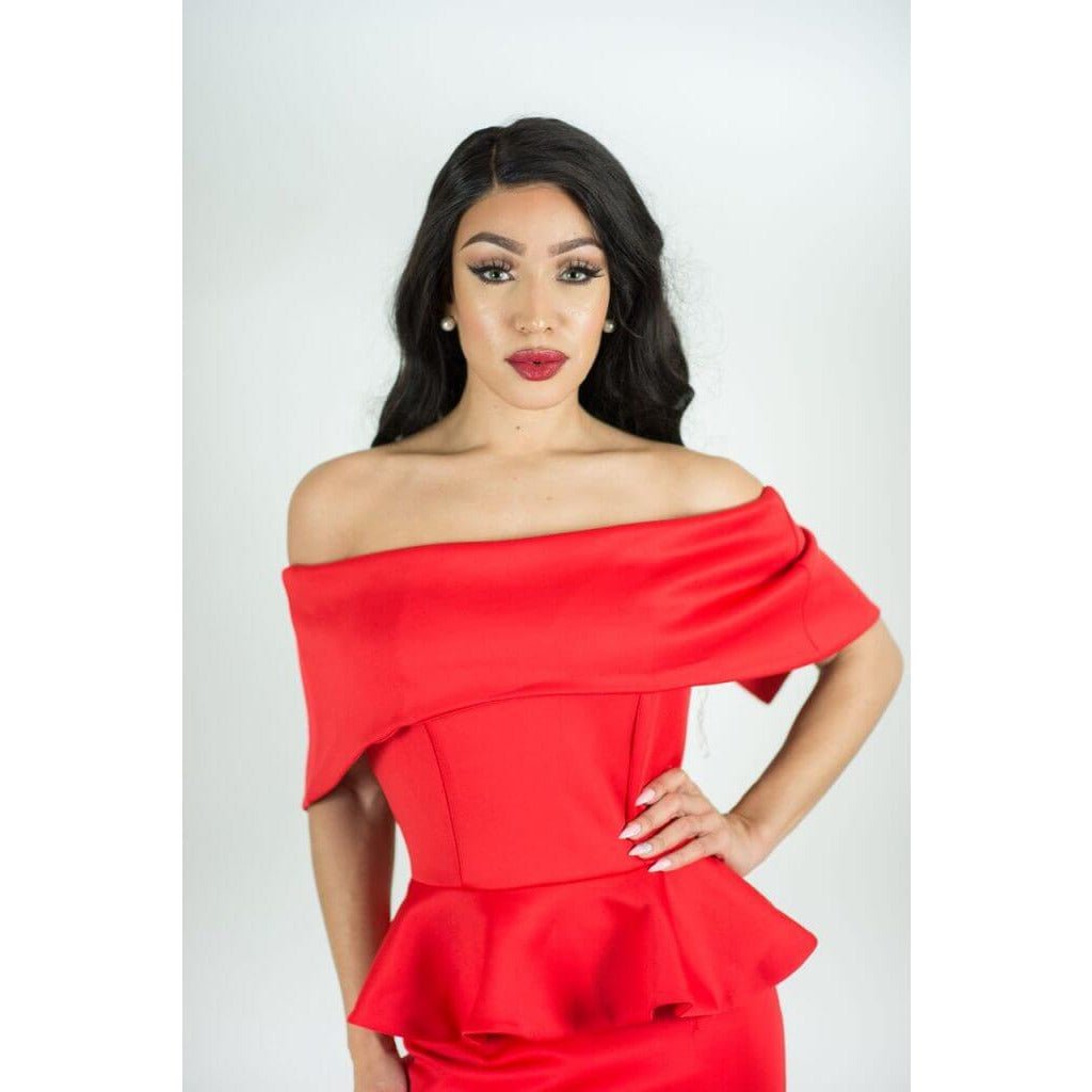 BLAIR Red Off Shoulder Midi Dress