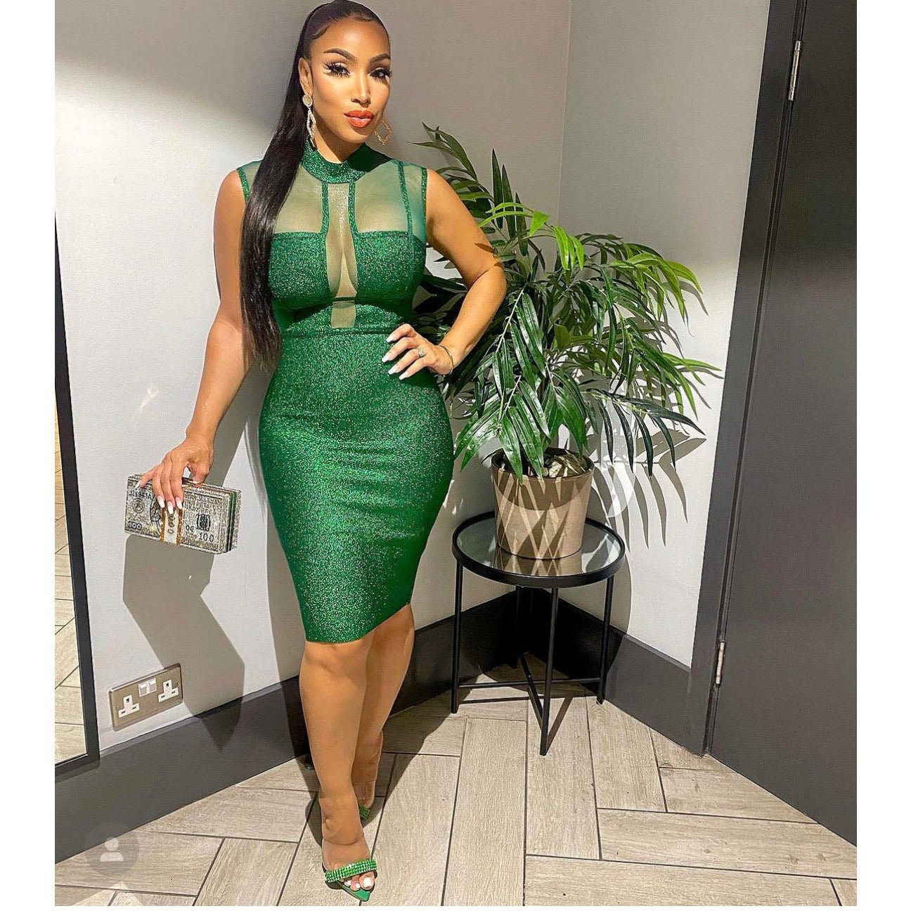 ANNY Green Metallic Bandage MIDI Dress