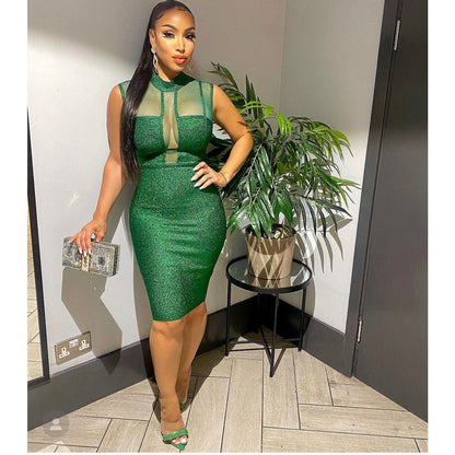 ANNY Green Metallic Bandage MIDI Dress