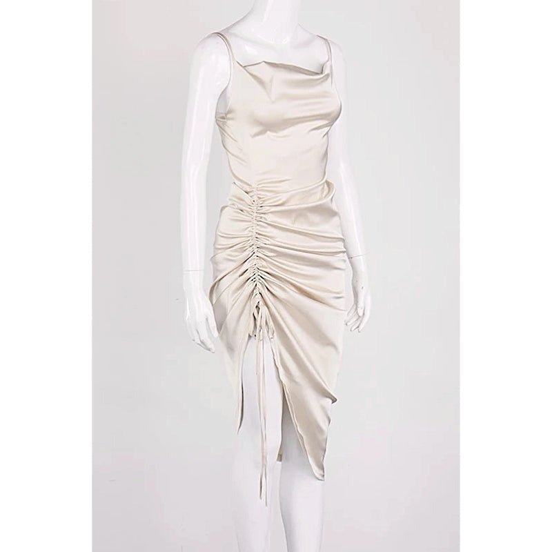 AUDRINA Cream Satin Midi Bodycon Dress