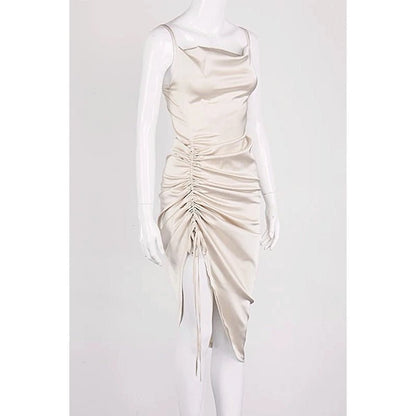 AUDRINA Cream Satin Midi Bodycon Dress