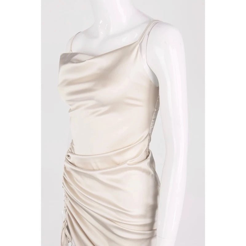 AUDRINA Cream Satin Midi Bodycon Dress