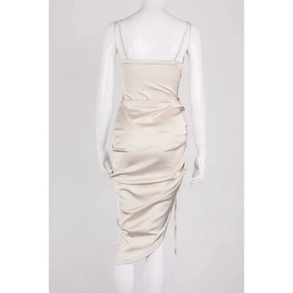 AUDRINA Cream Satin Midi Bodycon Dress