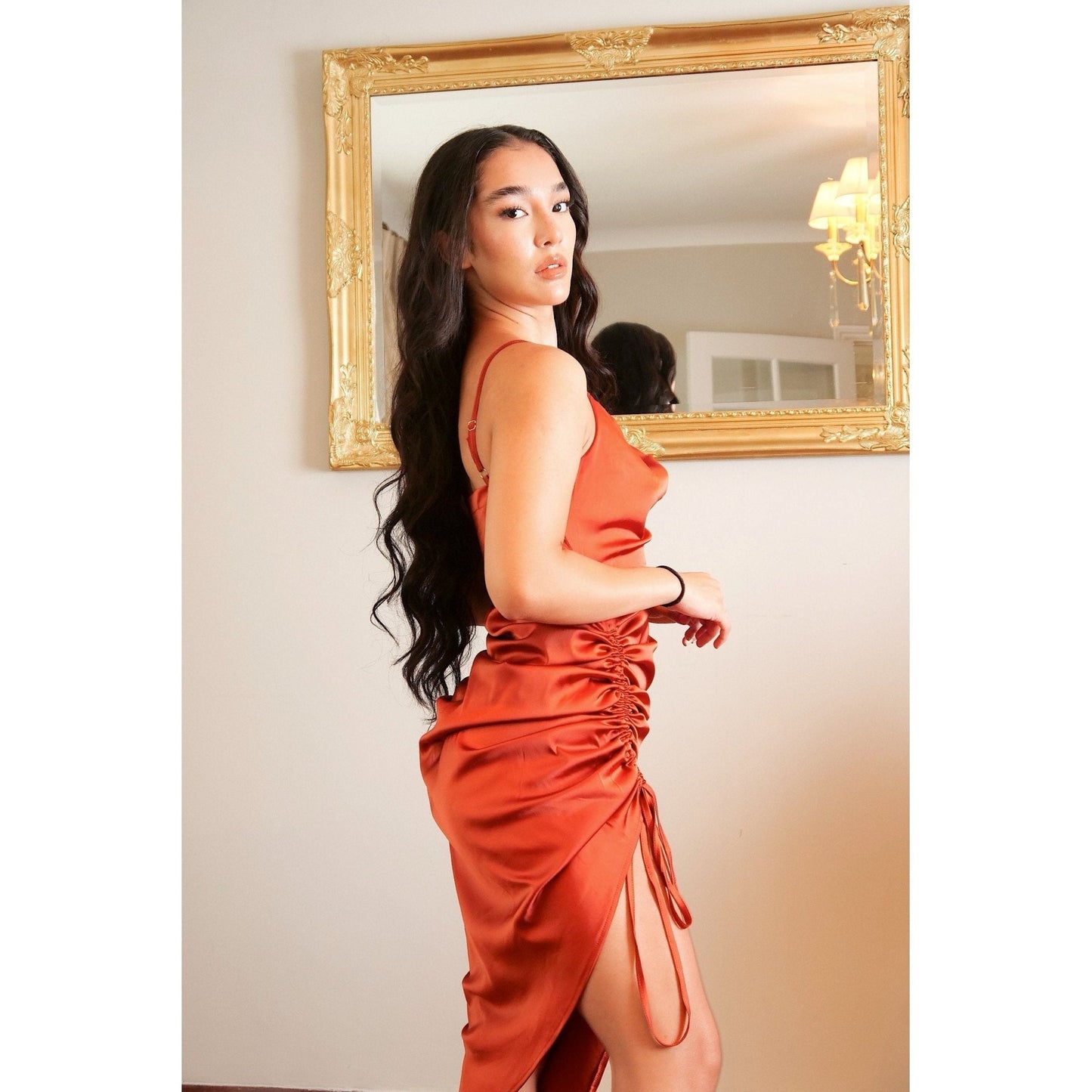 AUDRINA Tan Satin Midi Bodycon Dress