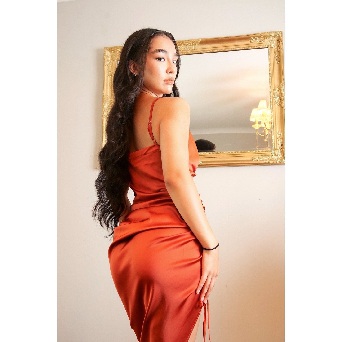 AUDRINA Tan Satin Midi Bodycon Dress