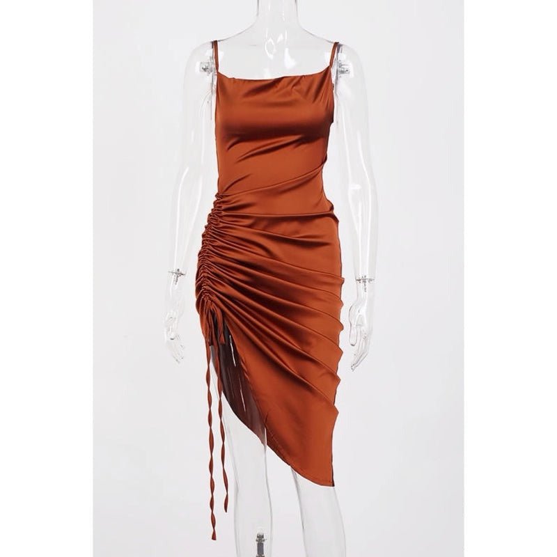 AUDRINA Tan Satin Midi Bodycon Dress