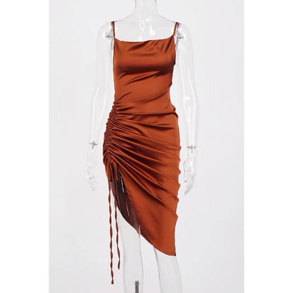 AUDRINA Tan Satin Midi Bodycon Dress