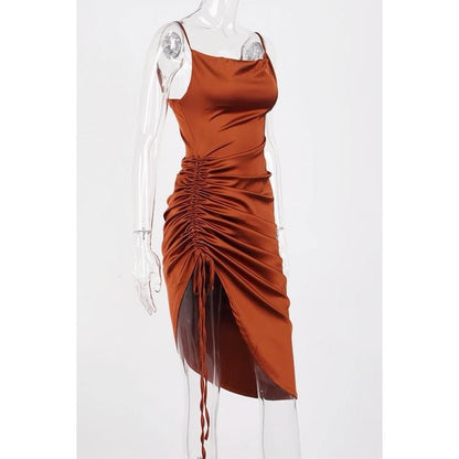 AUDRINA Tan Satin Midi Bodycon Dress