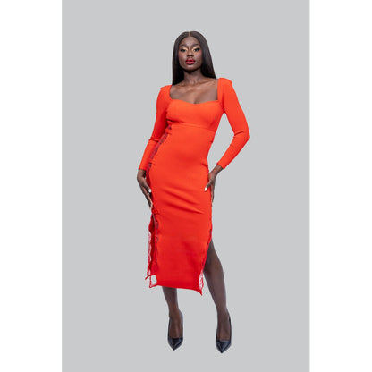 CHRISTINA Red Side Lace Midi  Dress