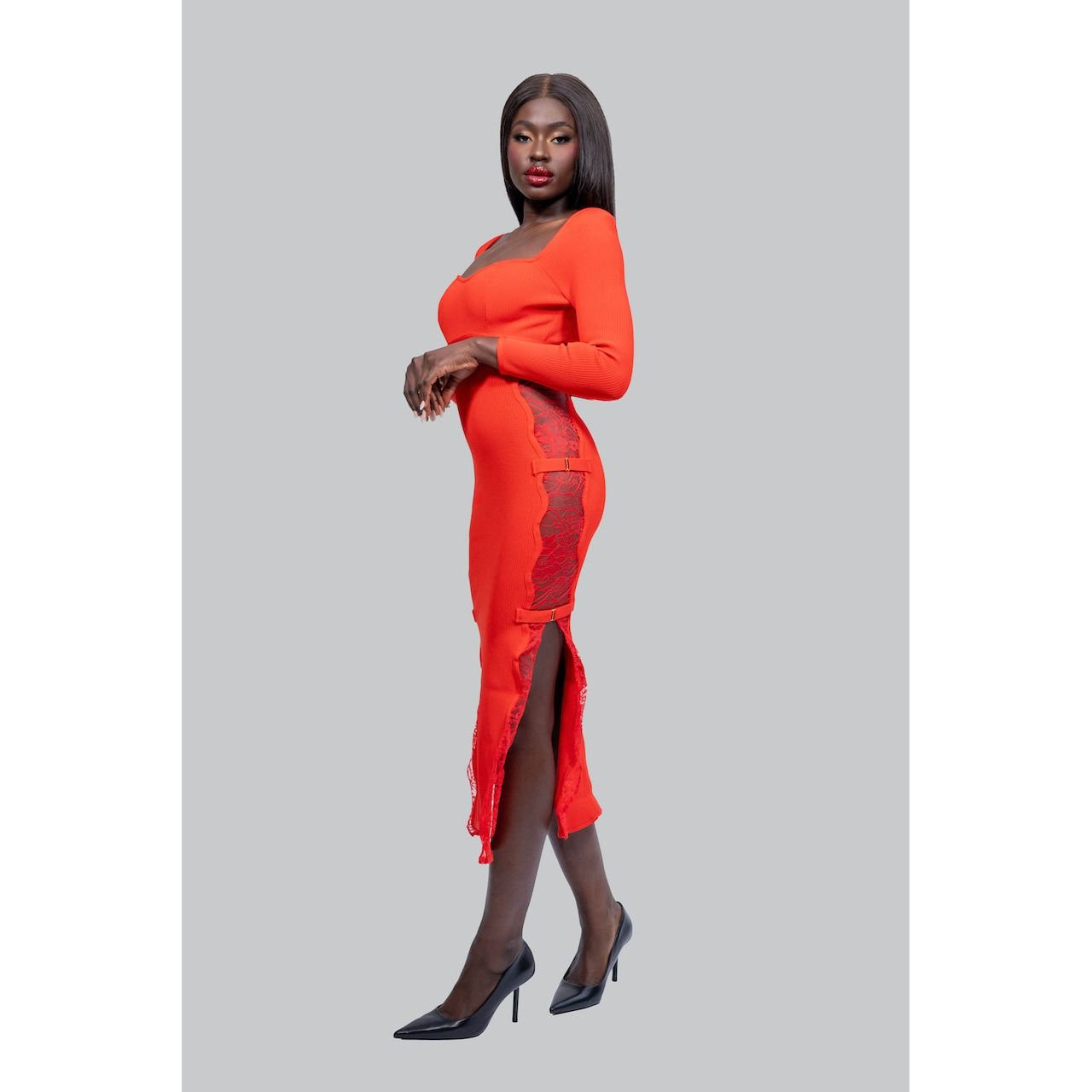CHRISTINA Red Side Lace Midi  Dress