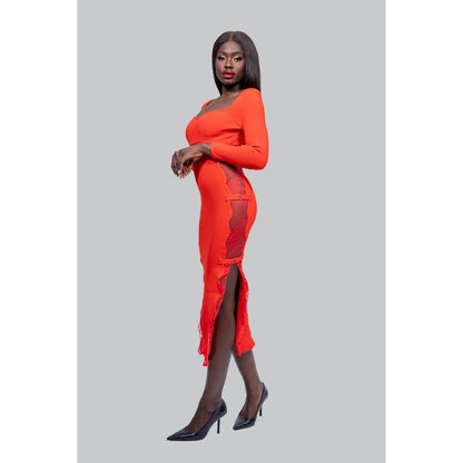 CHRISTINA Red Side Lace Midi  Dress