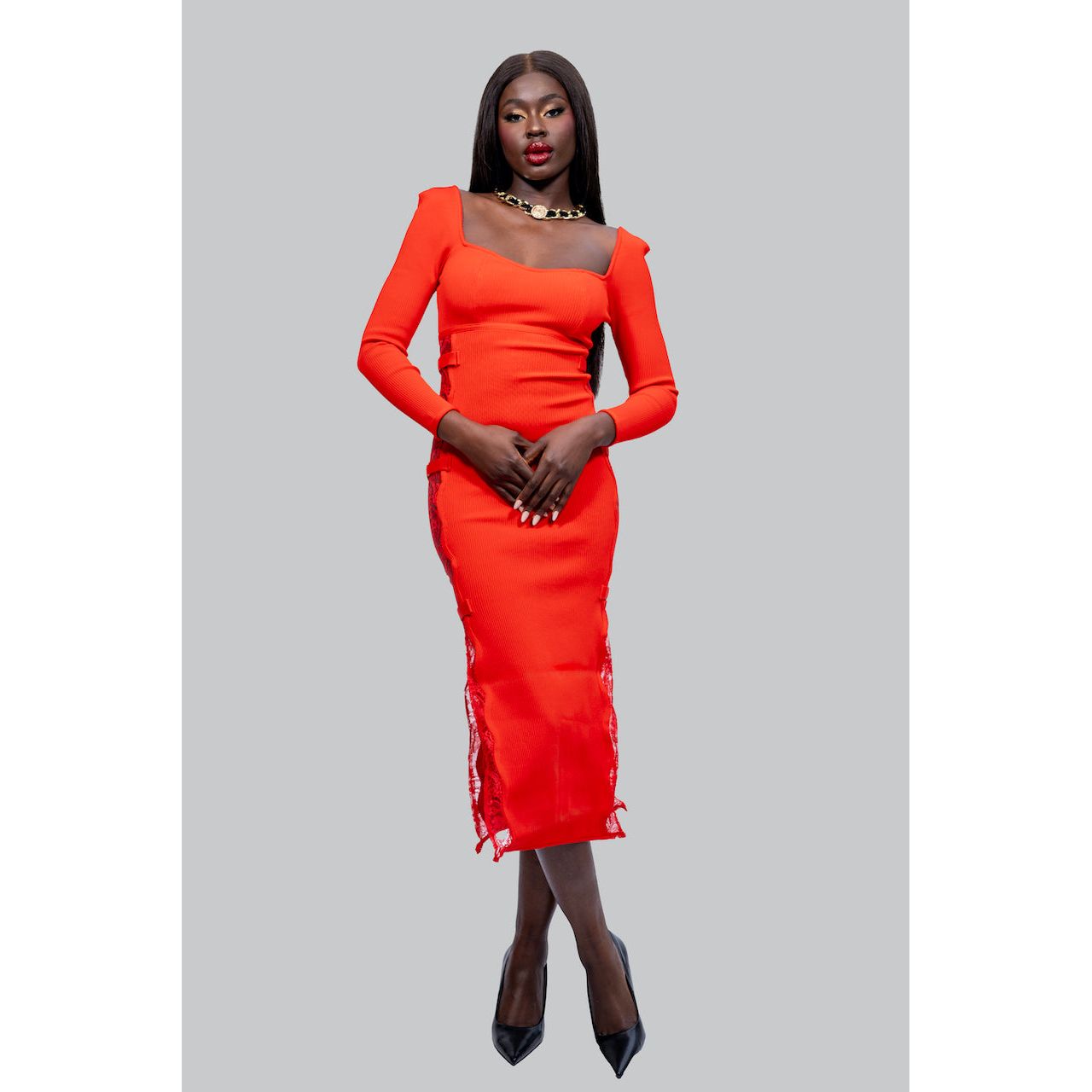 CHRISTINA Red Side Lace Midi  Dress