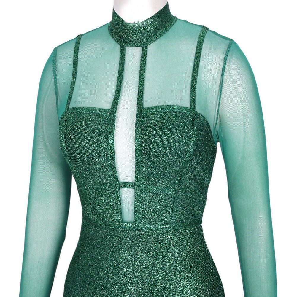 JODY Green Metallic Midi Long sleeve Bandage Dress