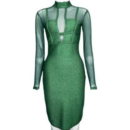 JODY Green Metallic Midi Long sleeve Bandage Dress