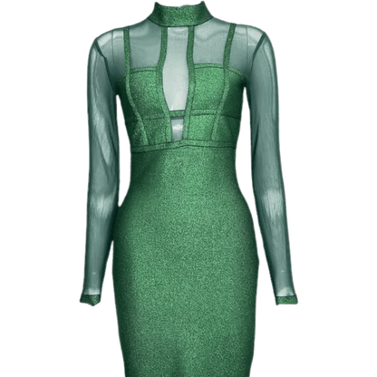 JODY Green Metallic Midi Long sleeve Bandage Dress