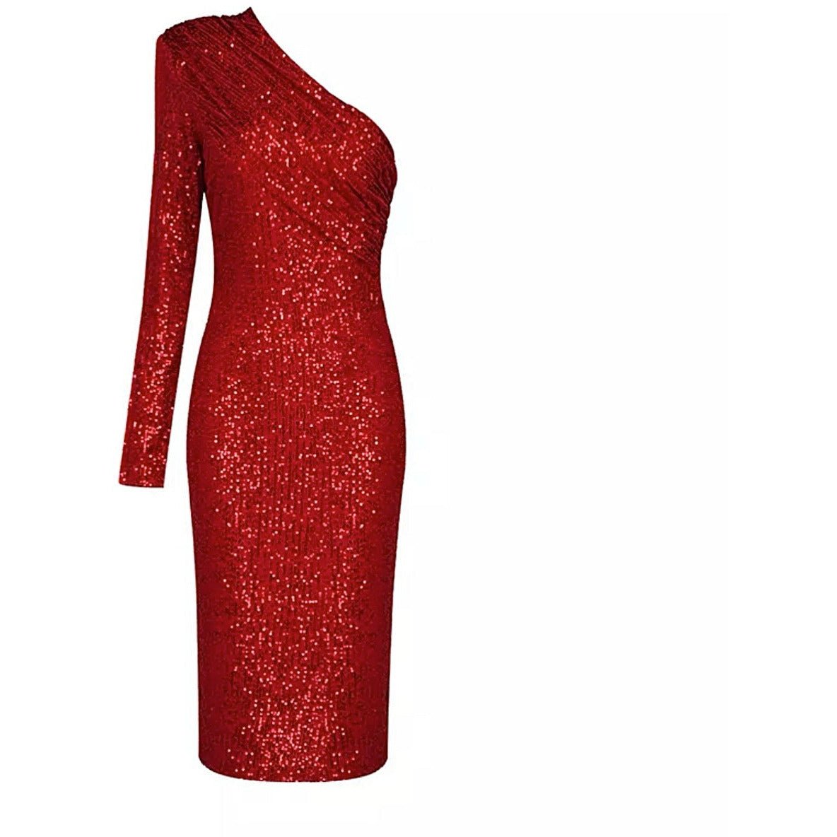 SAFFI Red One Shoulder Sequin Midi Dress