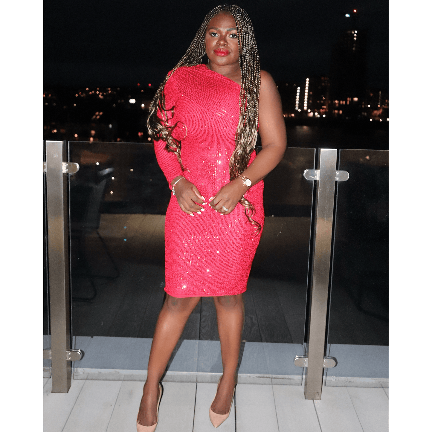 SAFFI Red One Shoulder Sequin Midi Dress